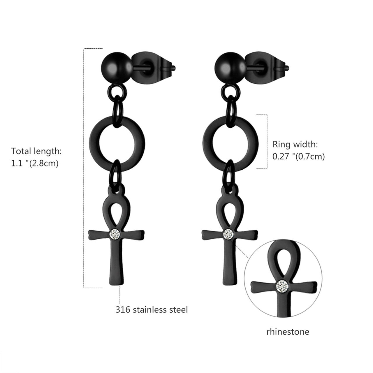 Dangle Ankh Cross Ancient African Black Silver 14k Gold over Stainless Steel Unisex Earrings
