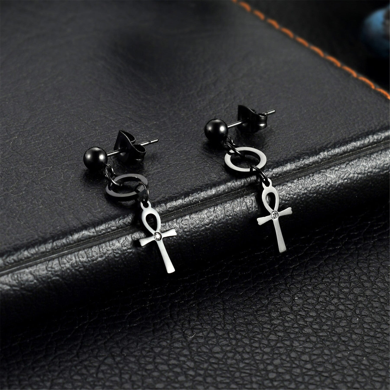 Dangle Ankh Cross Ancient African Black Silver 14k Gold over Stainless Steel Unisex Earrings