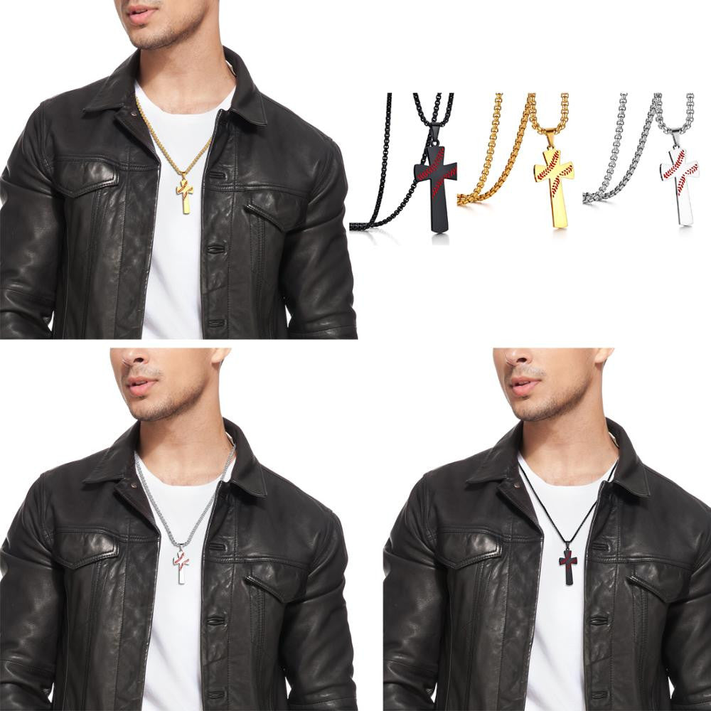 High Quality No Fade Baseball God Stainless Steel Cross Pendant Chain Necklace