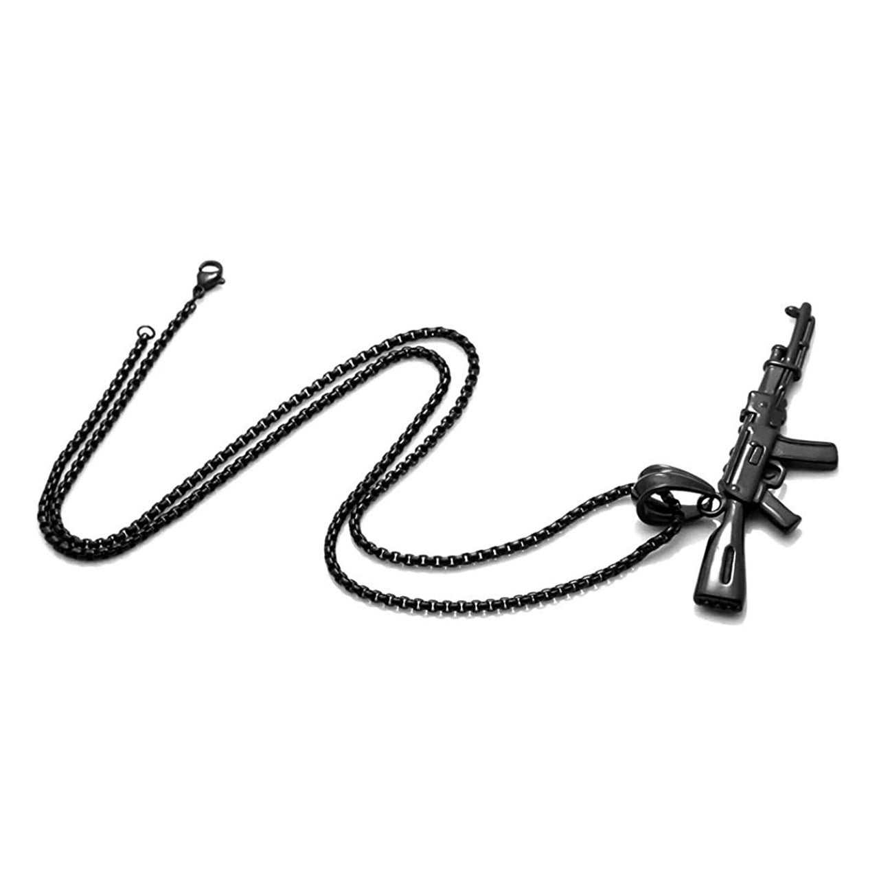 Mens Chopper Ak 47 Black Silver over No Fade Stainless Steel Army Style Hip Hop Pendant