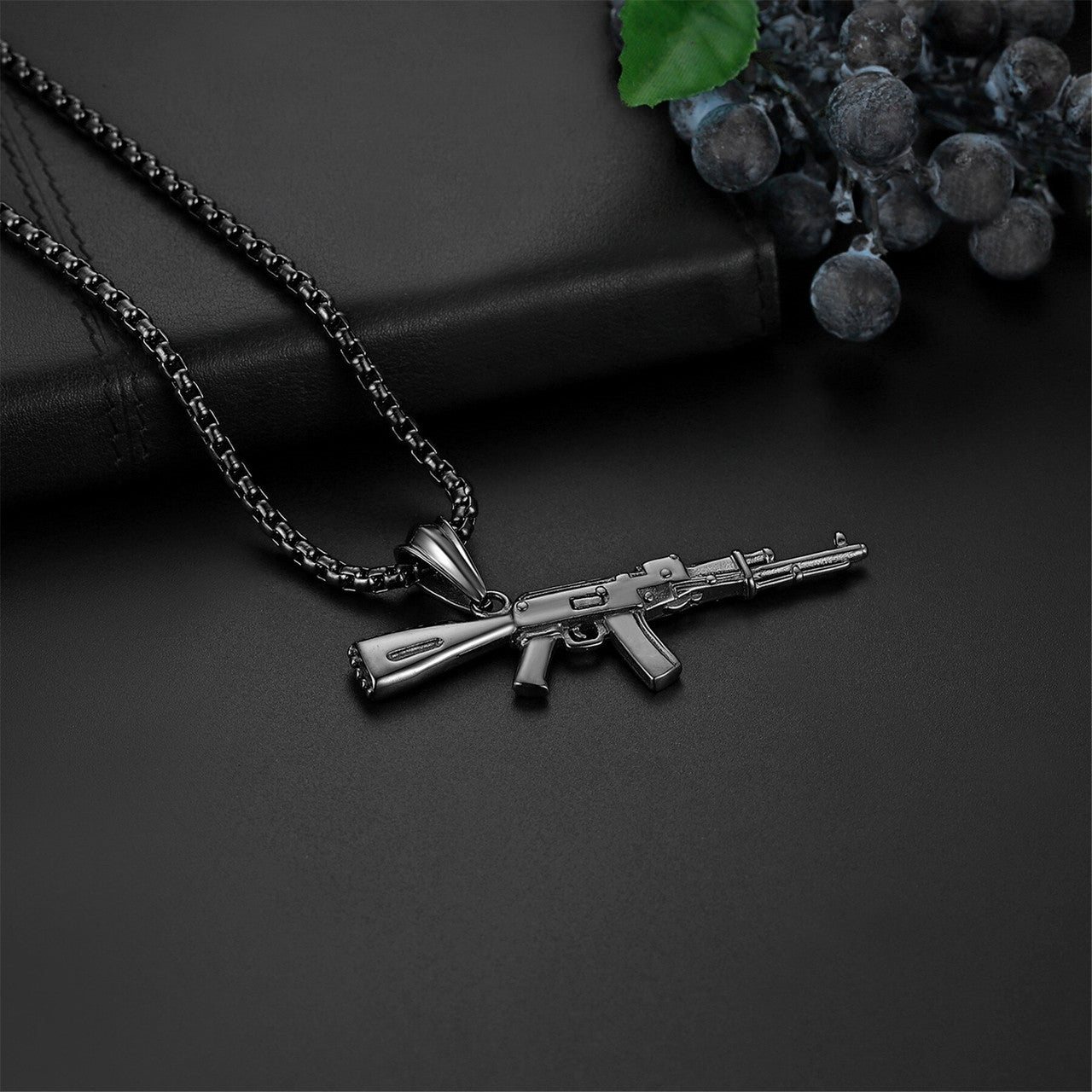 Mens Chopper Ak 47 Black Silver over No Fade Stainless Steel Army Style Hip Hop Pendant