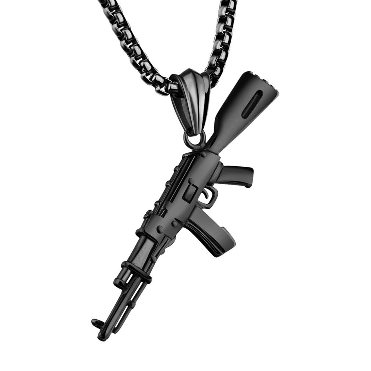 Mens Chopper Ak 47 Black Silver over No Fade Stainless Steel Army Style Hip Hop Pendant