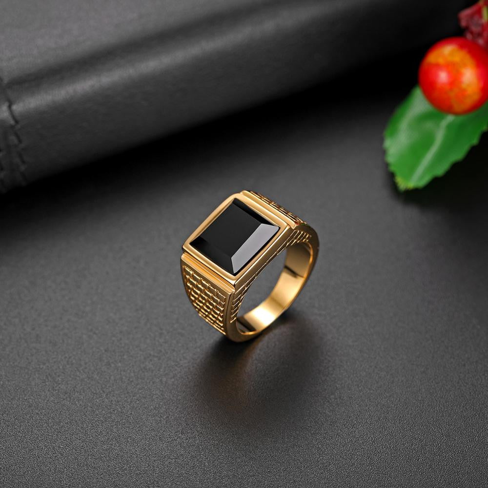Mens 14k Gold over Solid Stainless Steel Black Onyx Bling Rings