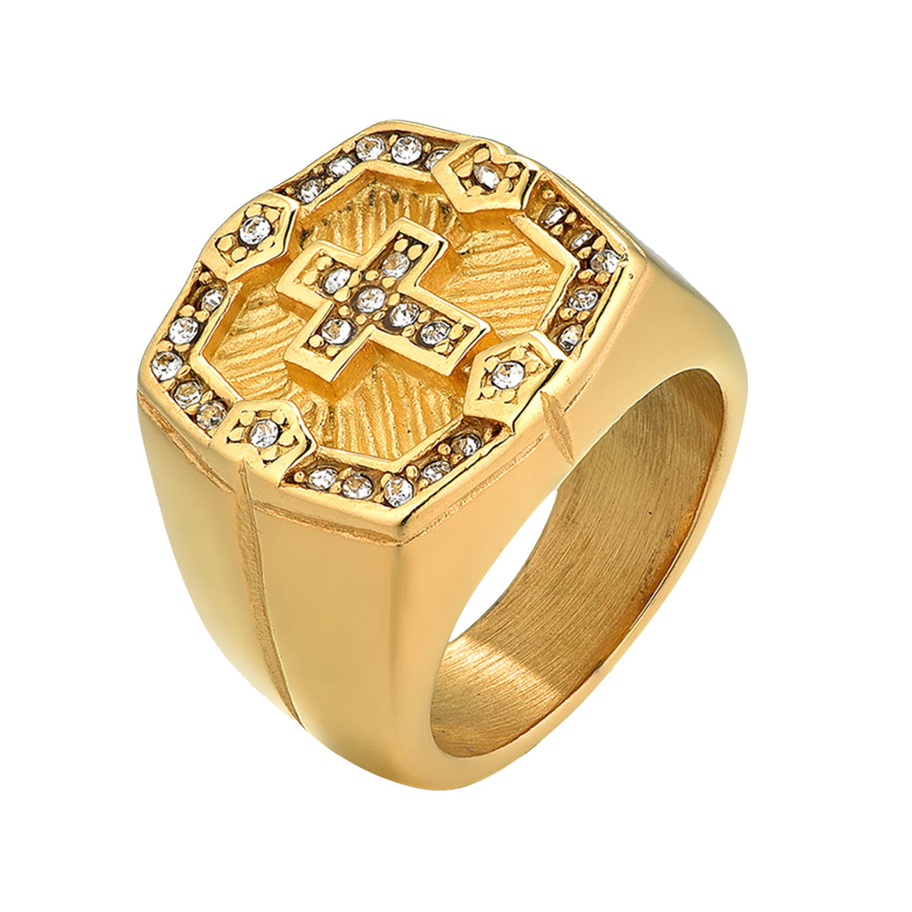 Mens Spiritual 14k Gold Over Stainless Steel Hip Hop Cross Rings