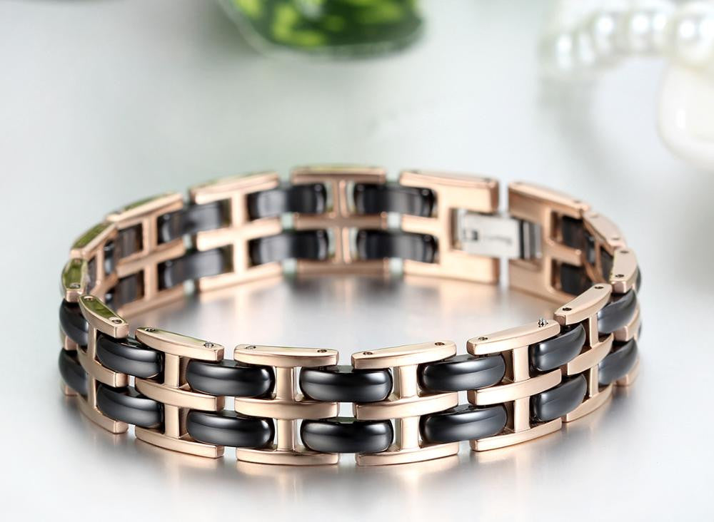 12mm Mens Rose Gold Over Stainless Steel Black Ceramic Energy Bracelet