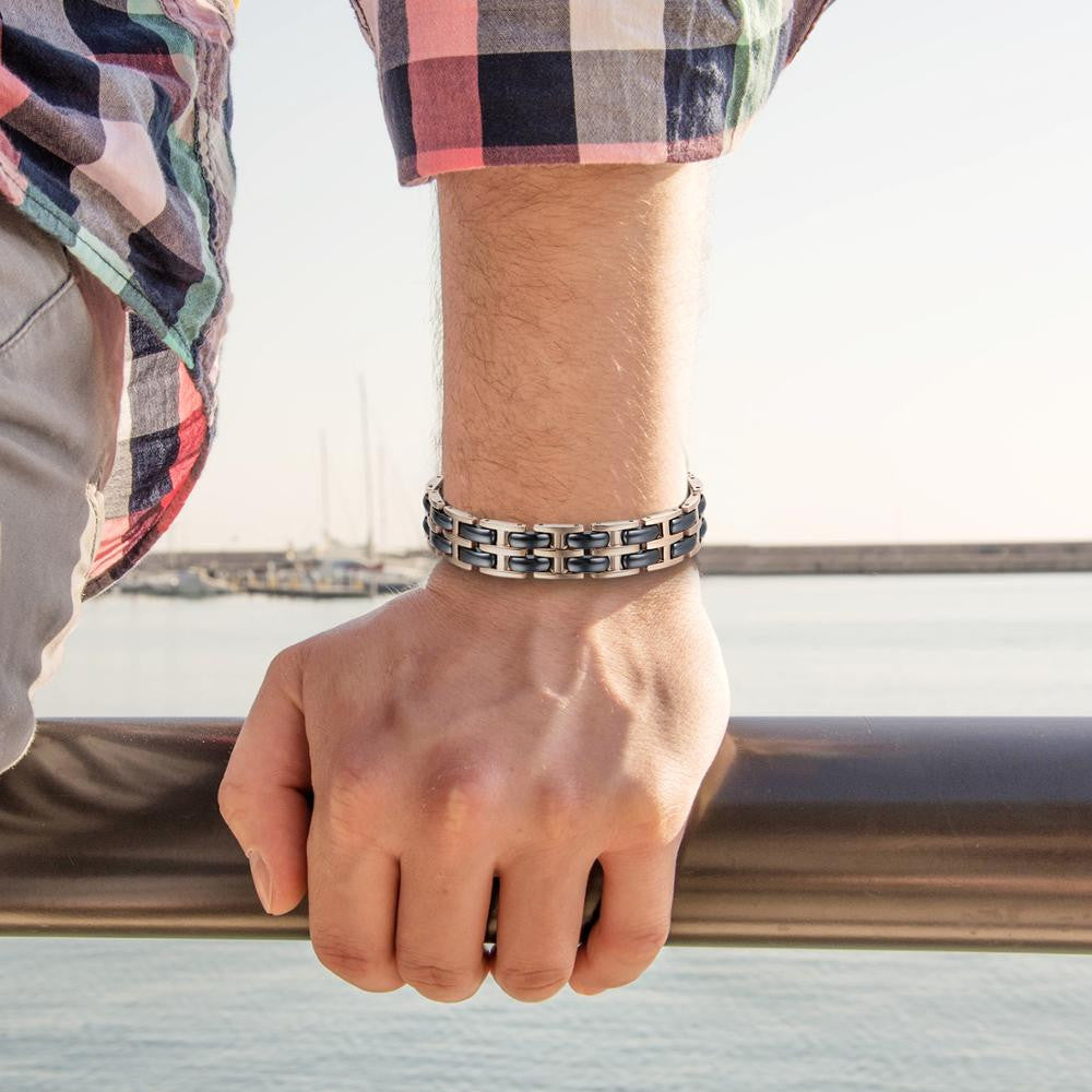 12mm Mens Rose Gold Over Stainless Steel Black Ceramic Energy Bracelet