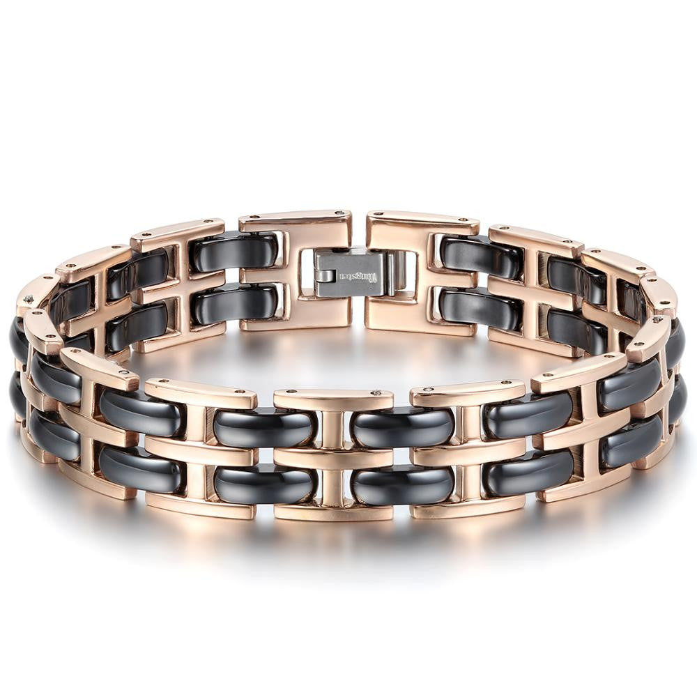 12mm Mens Rose Gold Over Stainless Steel Black Ceramic Energy Bracelet