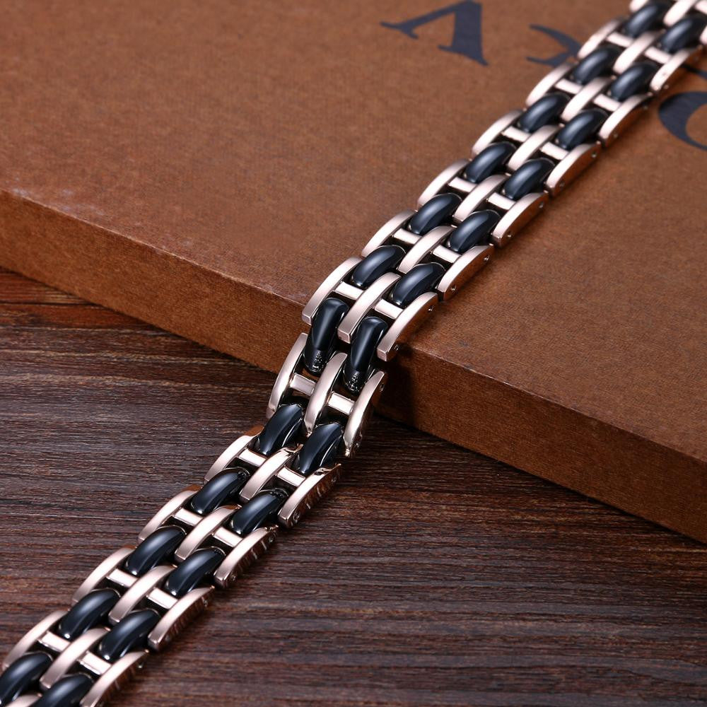 12mm Mens Rose Gold Over Stainless Steel Black Ceramic Energy Bracelet