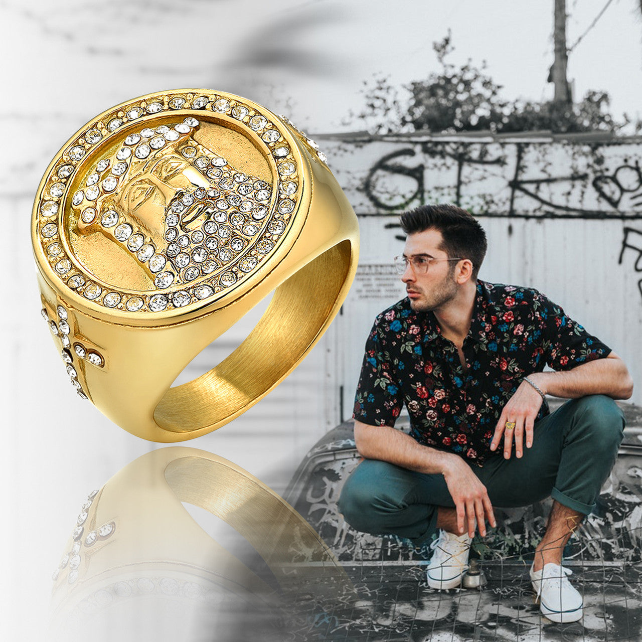 Mens No Tarnish Stainless Steel Jesus Face Hip Hop Rings