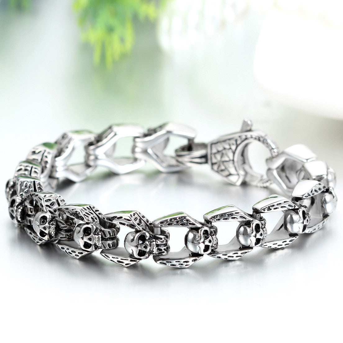 Mens No Fade Stainless Steel Skull Link Street Wear Biker Boy Bling Bracelets