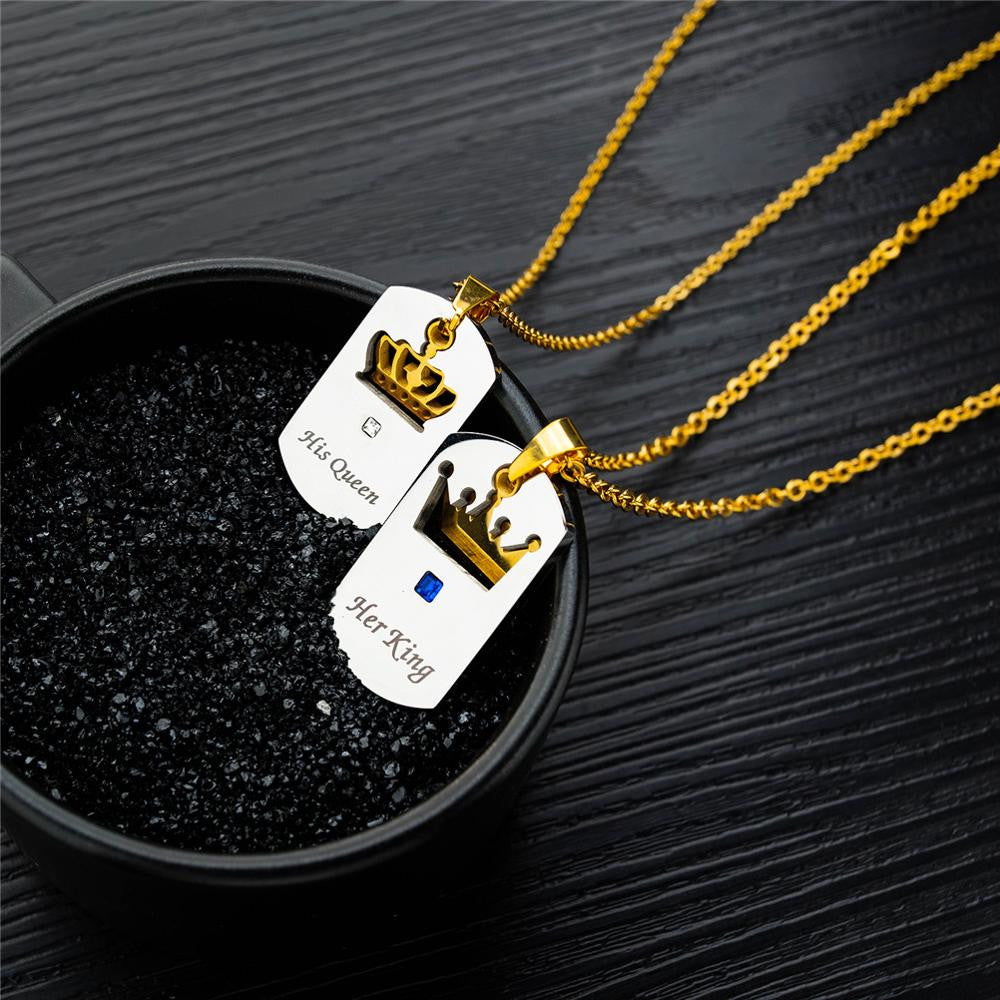 Couples Bling CZ Her King His Queen Lovers Stainless Steel No Tarnish Dog Tag Pendant Chain Necklace