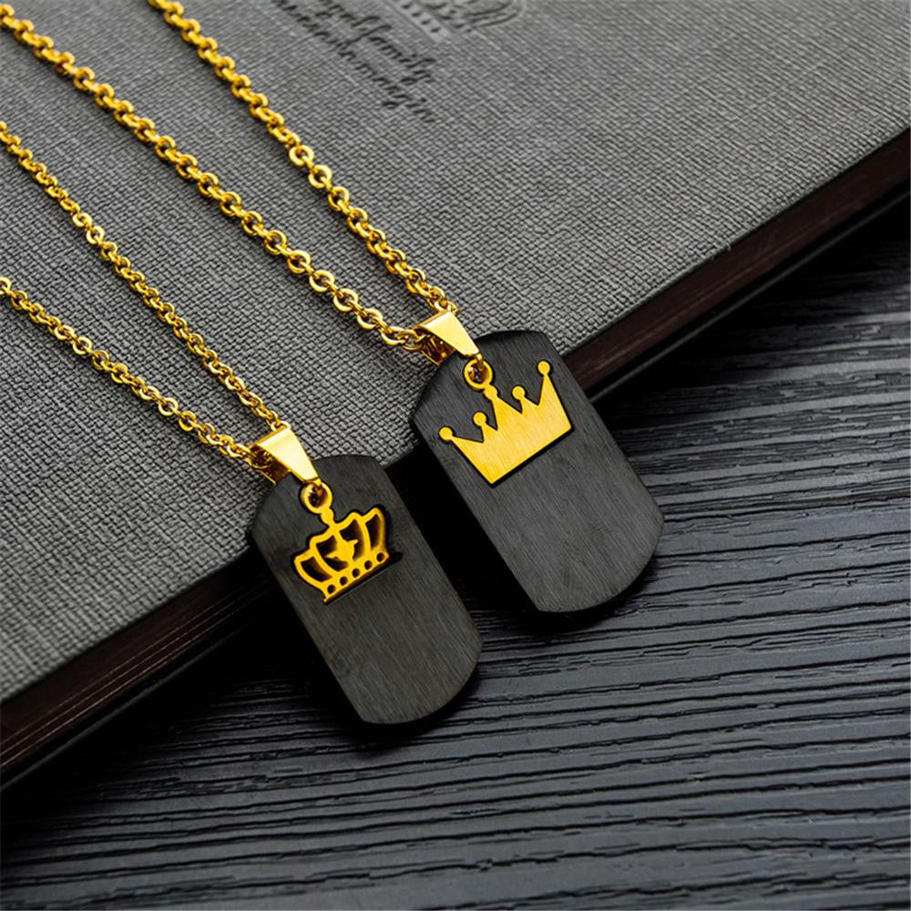 Couples Bling CZ Her King His Queen Lovers Stainless Steel No Tarnish Dog Tag Pendant Chain Necklace