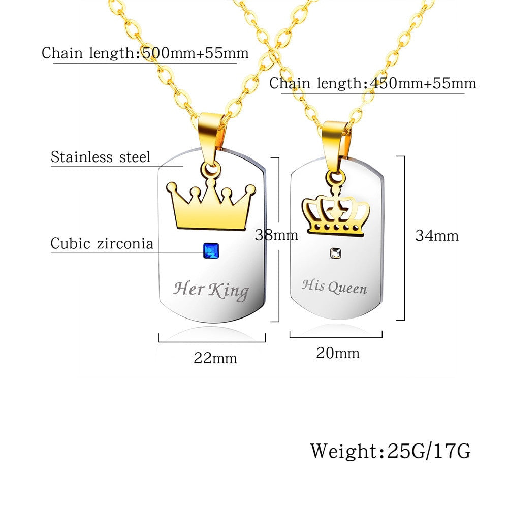 Couples Bling CZ Her King His Queen Lovers Stainless Steel No Tarnish Dog Tag Pendant Chain Necklace