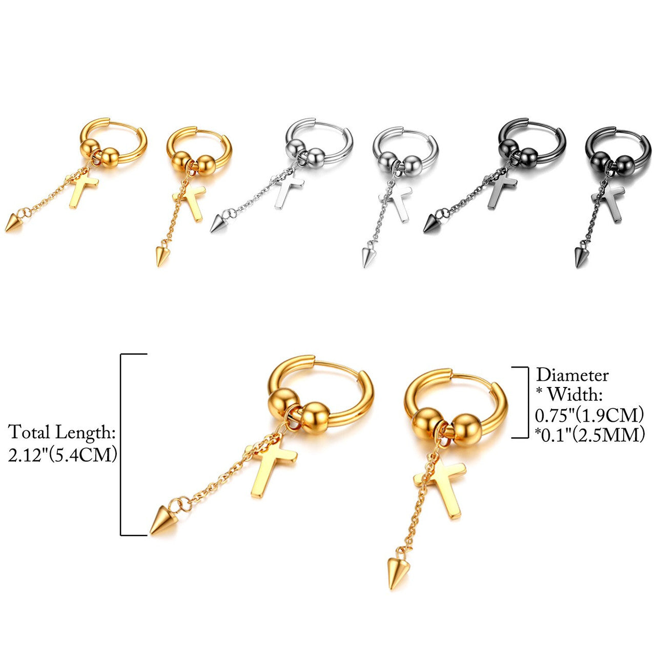 Cross Dangling 14k Gold Silver Black over No Tarnish Stainless Steel Earrings