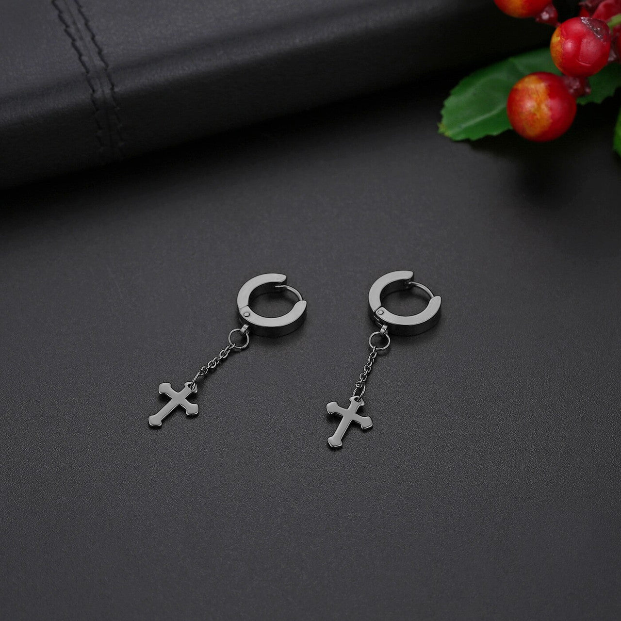 Stainless Steel Goth Cross Dangling Casual Street Wear Earrings