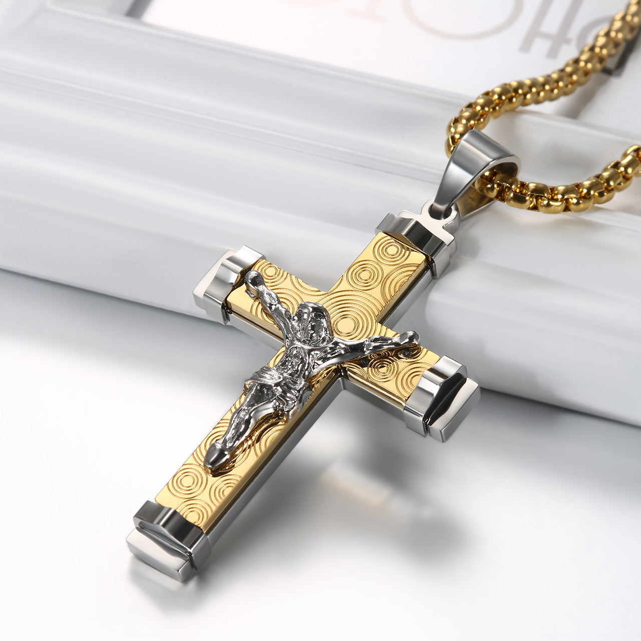 Mens No Fade 316L Stainless Steel Black Silver Gold Jesus Cross Pendant Chain Necklace