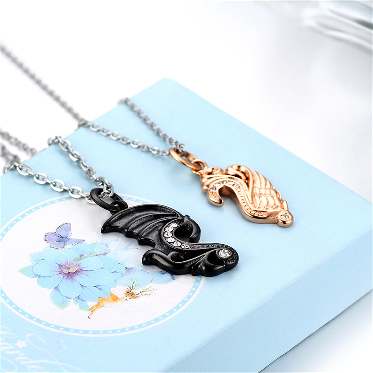 Couples Lovers Angel Pattern Gold Black No Fade Stainless Steel Pendant Necklace