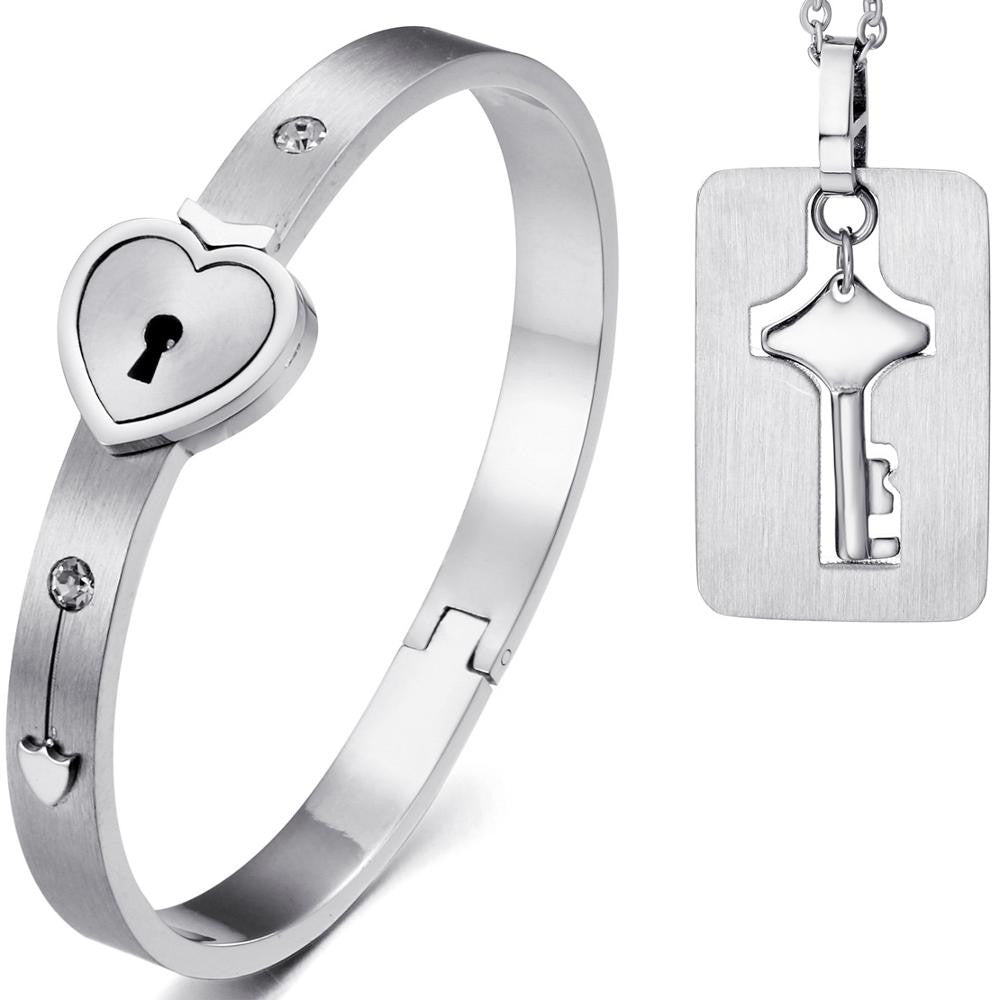 Forever Love Lovers Lock and Key Bracelet Necklace Chain Jewelry Set