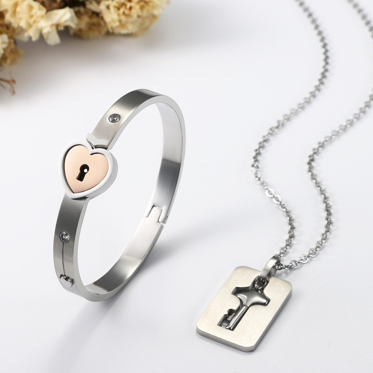 Forever Love Lovers Lock and Key Bracelet Necklace Chain Jewelry Set