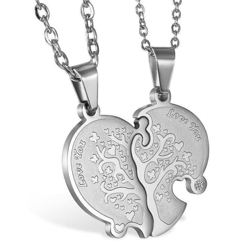 2 Piece Tree Of Life Heart  Couples Love No Fade Bling Stainless Steel Pendant Chain Necklace