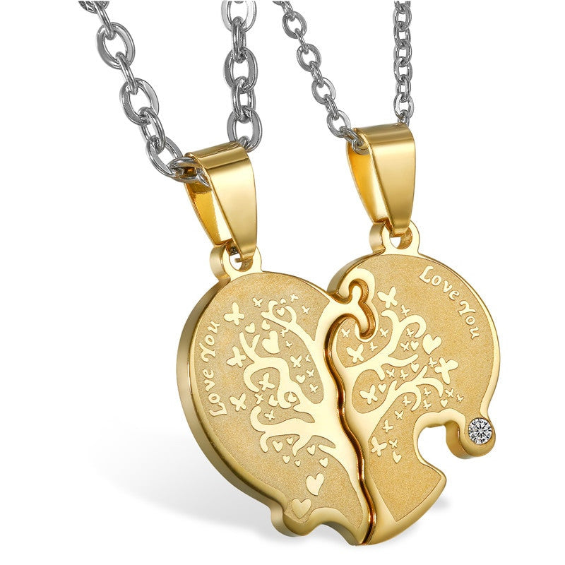 2 Piece Tree Of Life Heart  Couples Love No Fade Bling Stainless Steel Pendant Chain Necklace