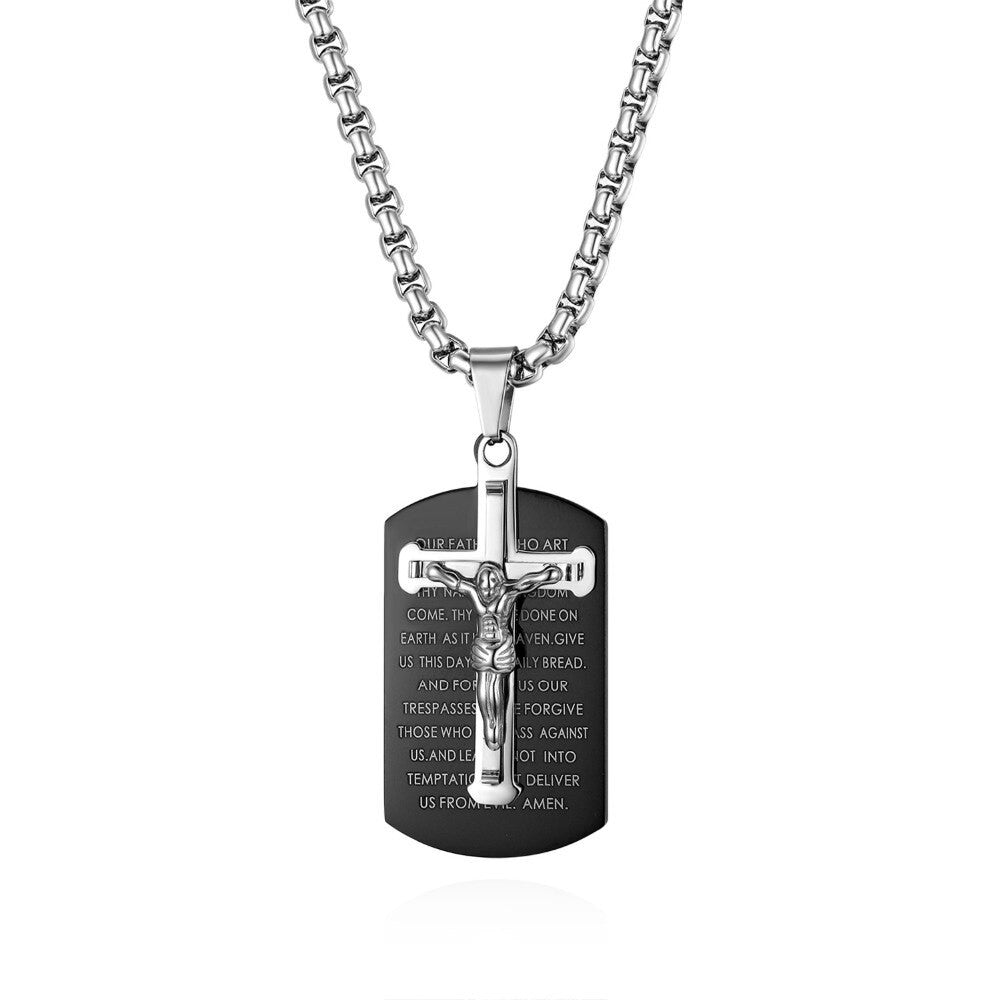 Mens Stainless Steel Dangling Jesus Crucifix Jesus Lords Prayer Pendant Cross Chain