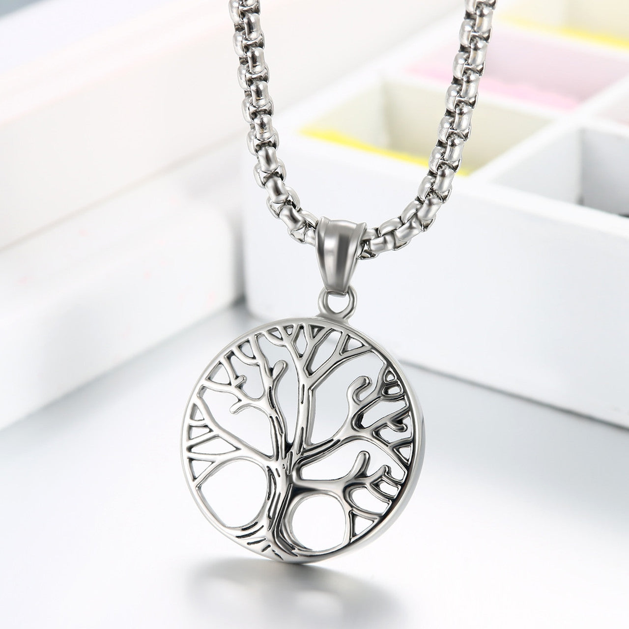 Classic Mens Tree Of Life Stainless Steel No Fade Pendant Chain Necklace