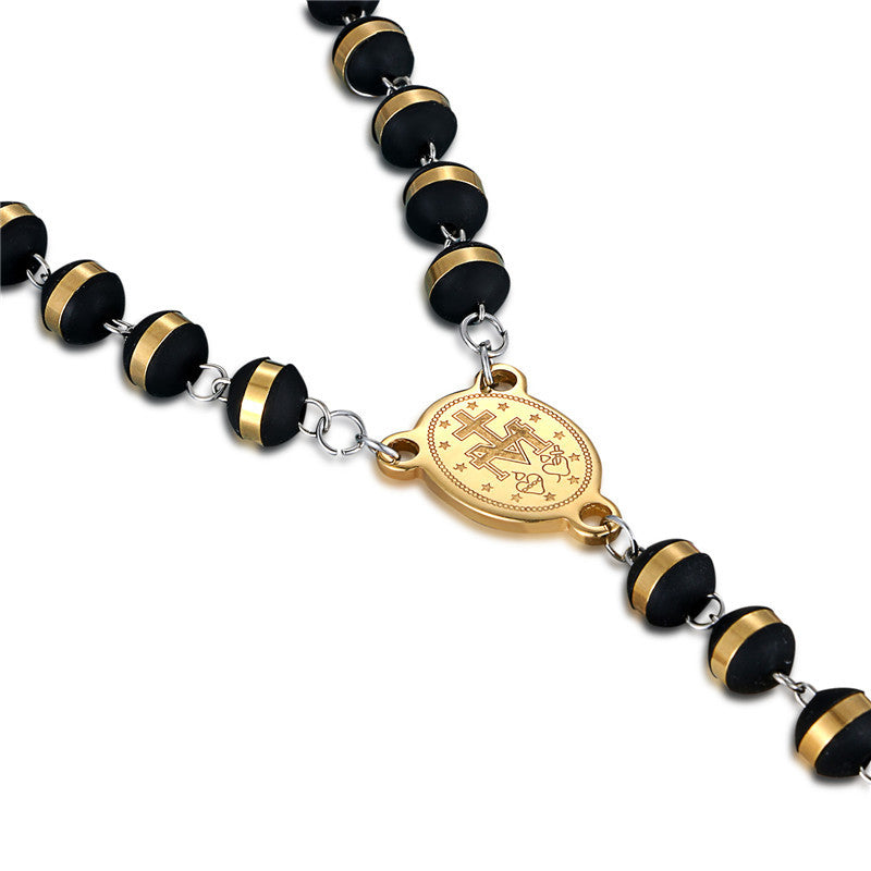 Stainless Steel No Fade Mens Cross Rosary Bead Gold Pendant Chain Necklace