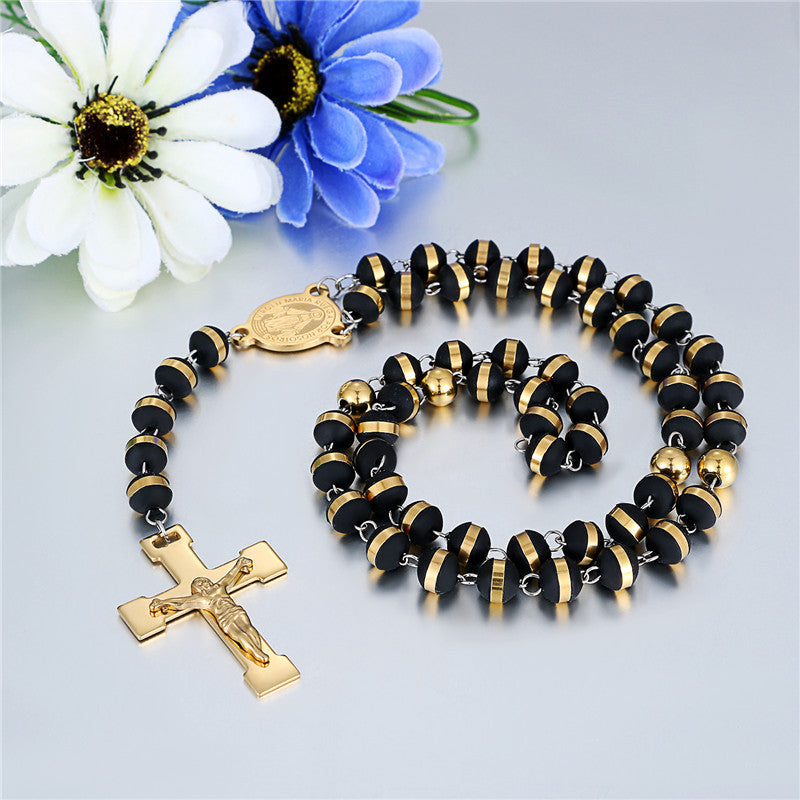 Stainless Steel No Fade Mens Cross Rosary Bead Gold Pendant Chain Necklace