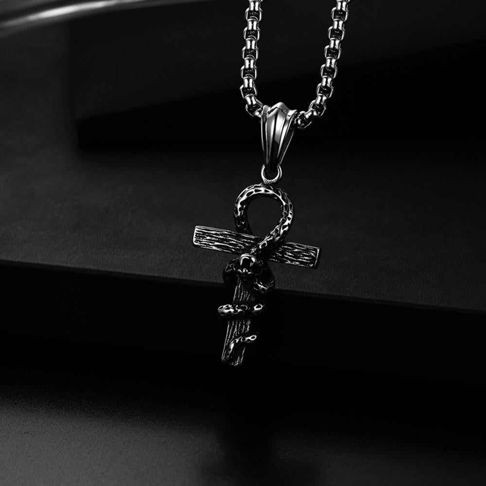 Stainless Steel Ankh Cross Cobra Snake Pendant Chain Necklace
