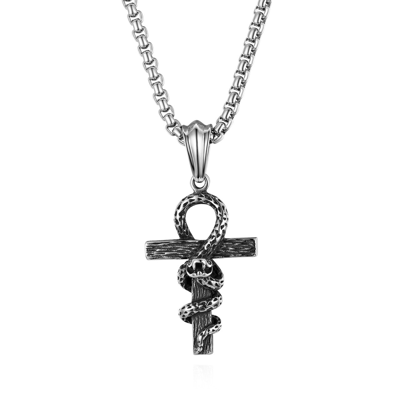 Stainless Steel Ankh Cross Cobra Snake Pendant Chain Necklace