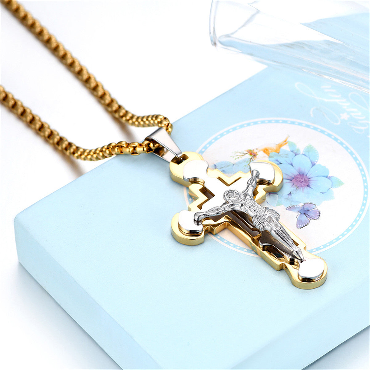 Gold Black Silver Stainless Steel Jesus Cross No Tarnish Pendant Chain Necklace