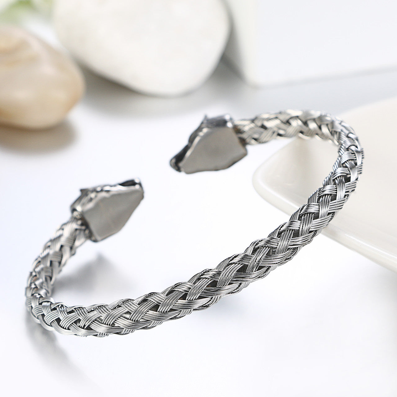 Mens Double Head No Fade Stainless Steel Wolf Bangle Street Wear Bracelets