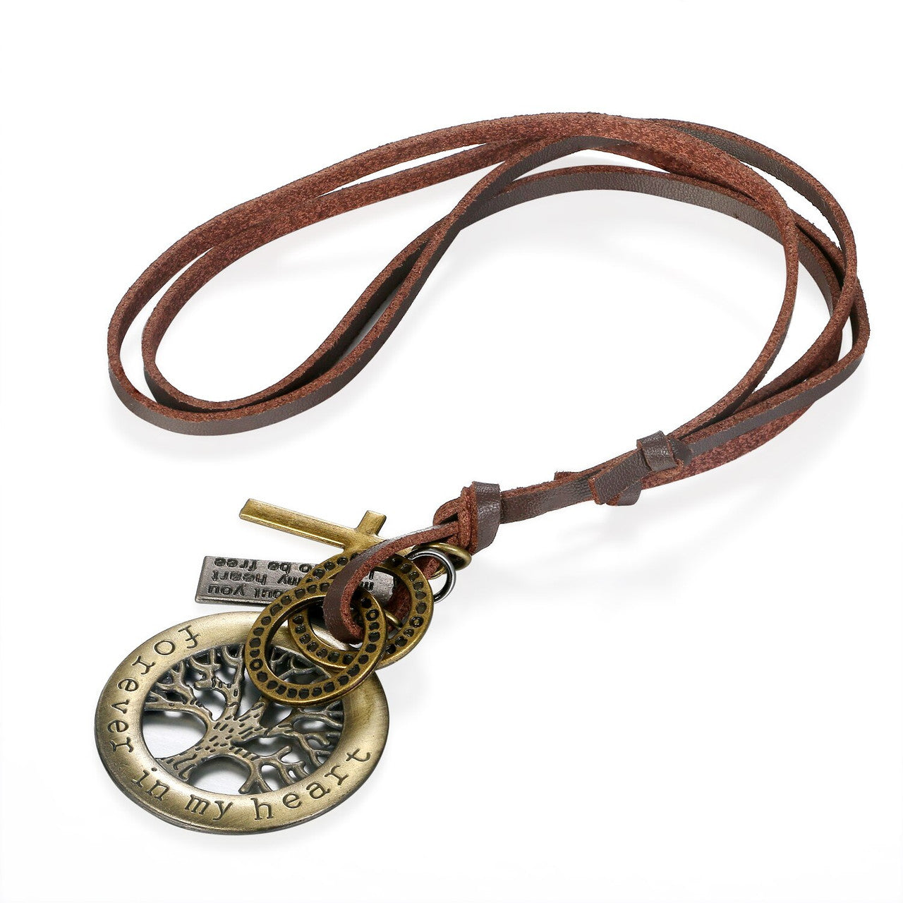 Masculine Rugged Look Tree Of Life Leather Cord High Fashion Pendant Chain Necklace