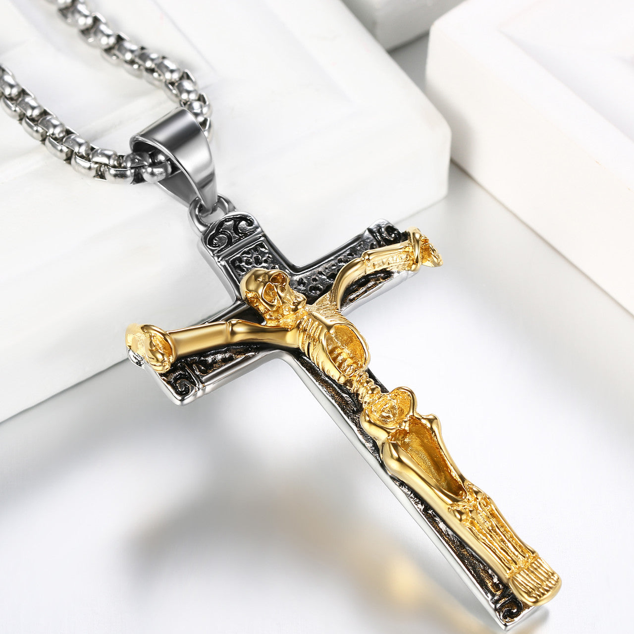 Mens Vintage Silver 14k Gold Over Stainless Steel Hip Hop Skull Cross Pendant Chain Necklace