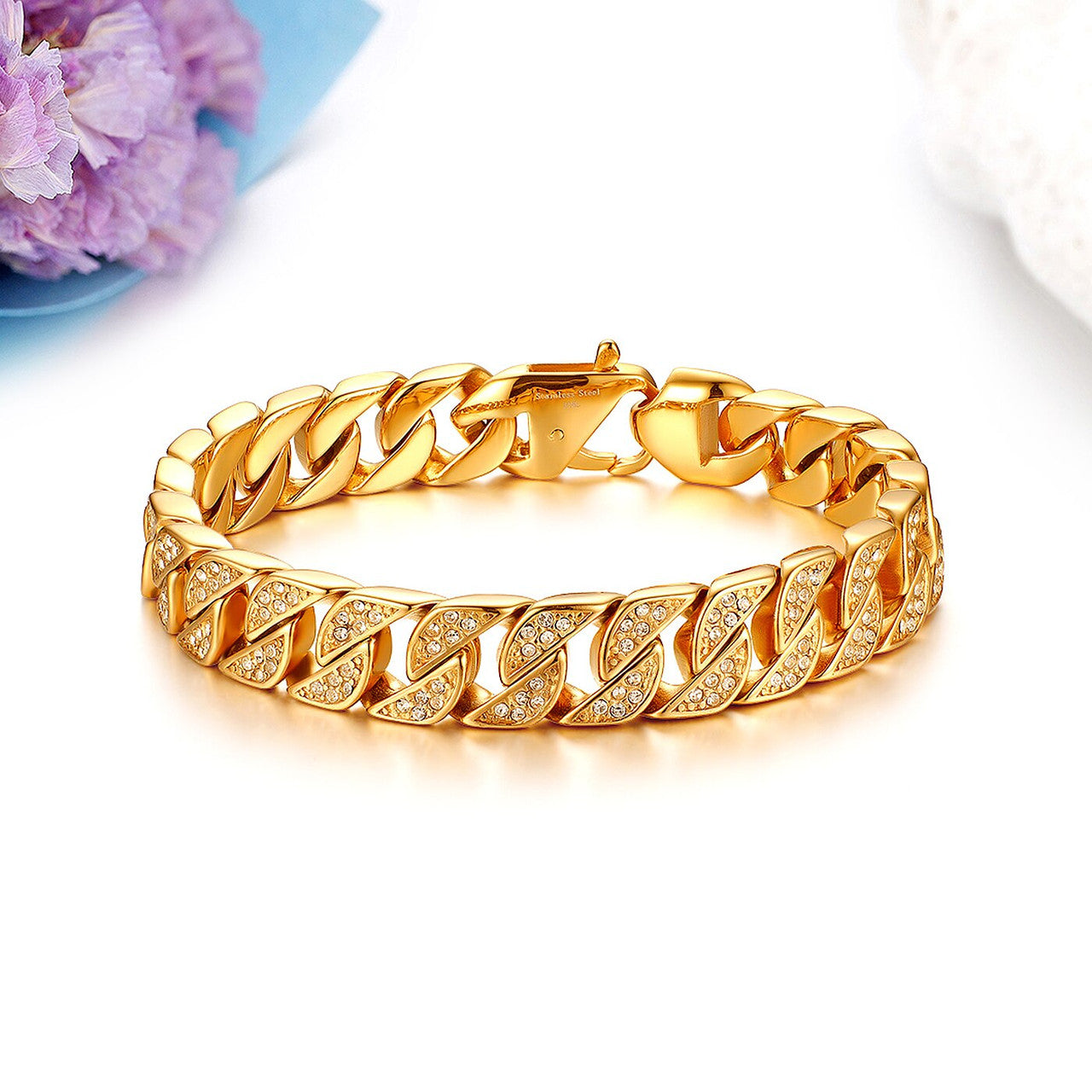 13mm Blinged Out 14k Gold over No Fade Stainless Steel Cuban Link Bracelets