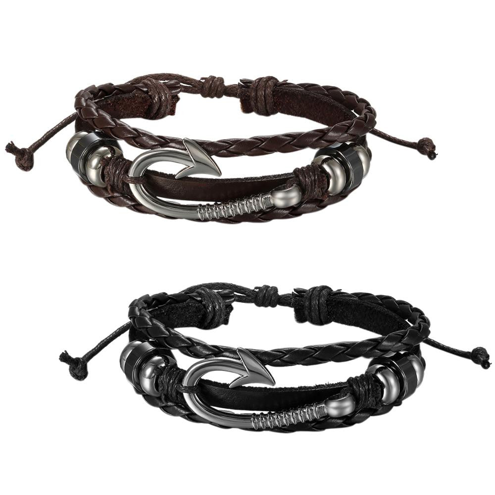 Handmade Genuine Leather Fish Hook Adjustable Casual Mens Bracelets