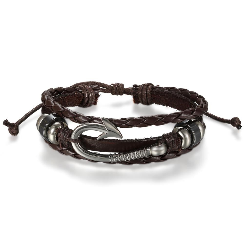 Handmade Genuine Leather Fish Hook Adjustable Casual Mens Bracelets