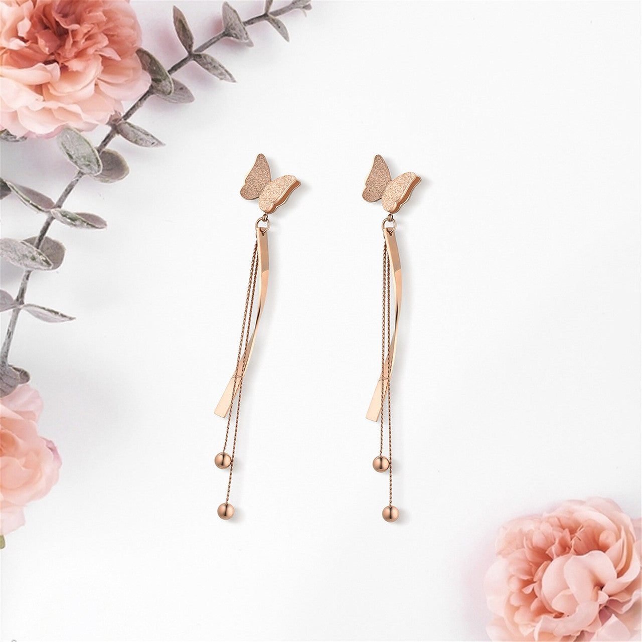 Ladies Stainless Steel Dangling Butterfly Bow Tassel Front and Back Crystal Earrings