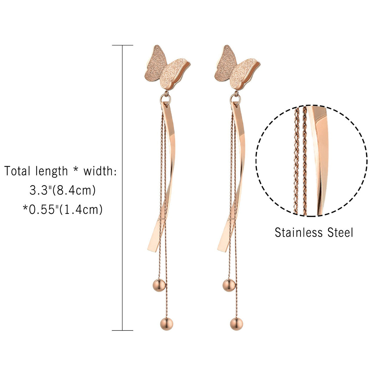 Ladies Stainless Steel Dangling Butterfly Bow Tassel Front and Back Crystal Earrings