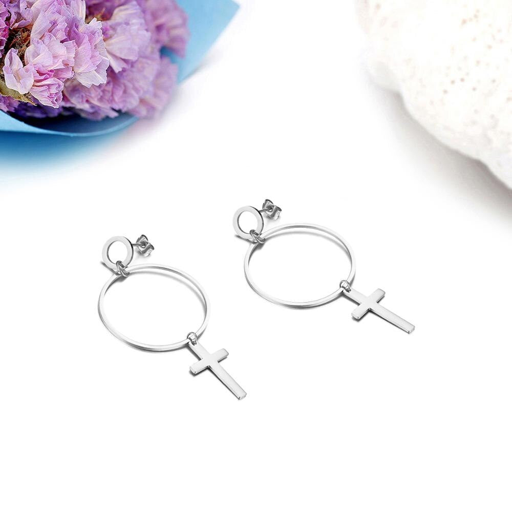 14k Gold Silver Over Stainless Steel Classic Drop Jesus Cross Earrings