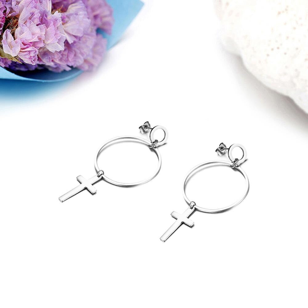 14k Gold Silver Over Stainless Steel Classic Drop Jesus Cross Earrings