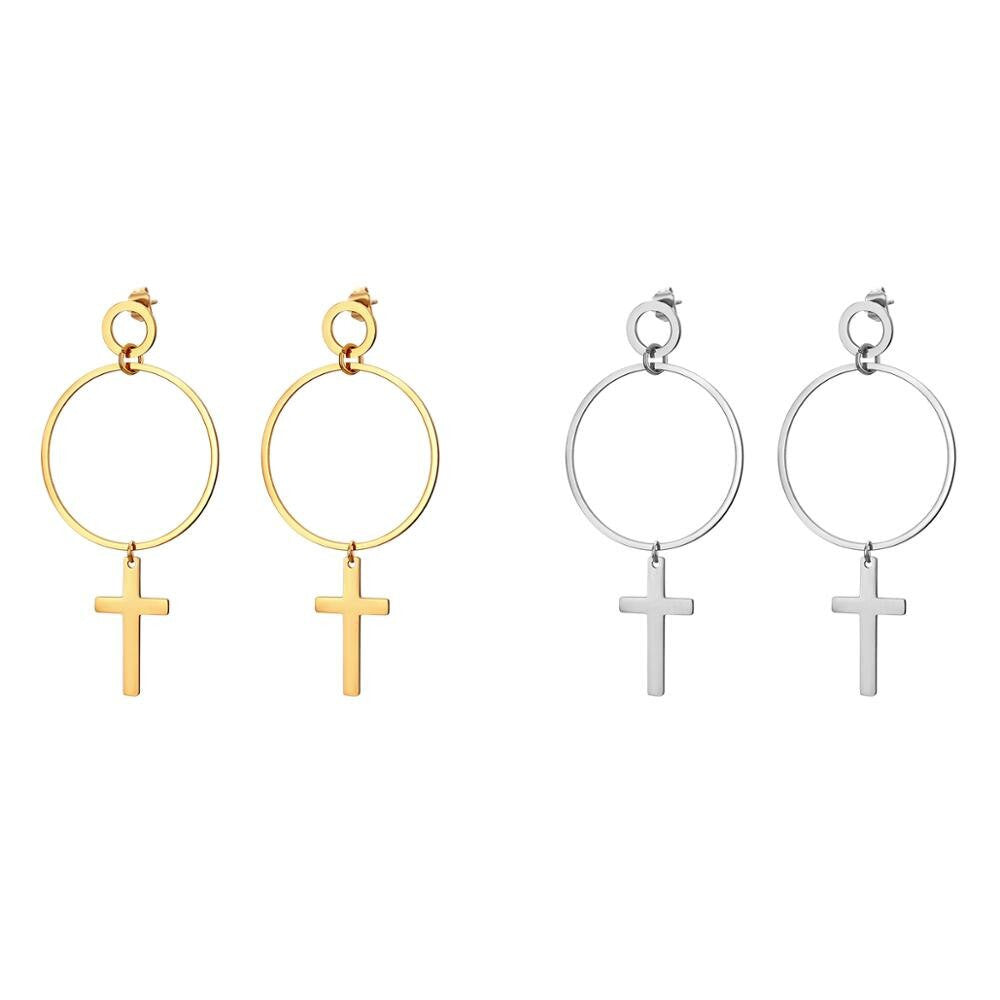 14k Gold Silver Over Stainless Steel Classic Drop Jesus Cross Earrings