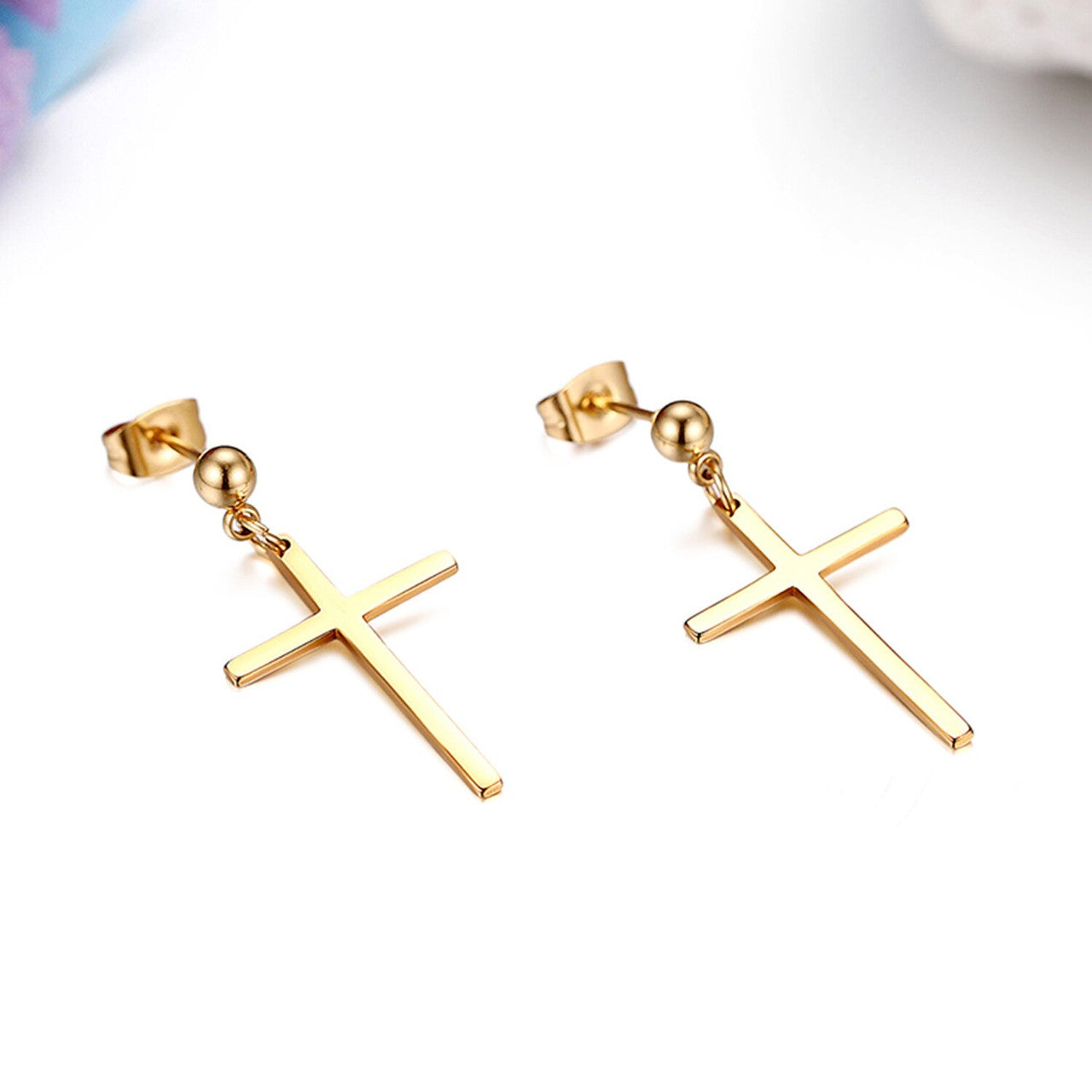 Stainless Steel Dangle Cross Pearl Stud No Fade Black Gold Silver Earrings