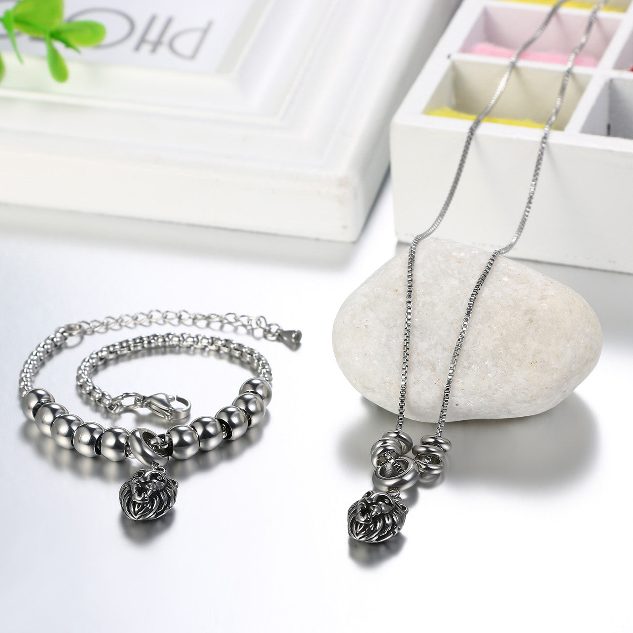 Lion Head Tribal Feathers Stainless Steel Charm Bracelet necklace Chain Sets