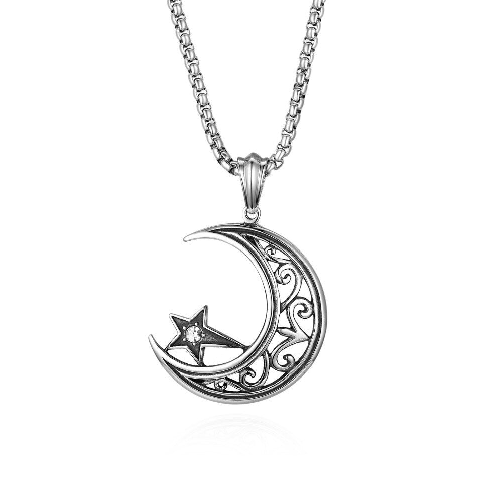 Crescent Moon Star Diamond Cz Bling No Fade Stainless Steel Pendant Chain Necklace