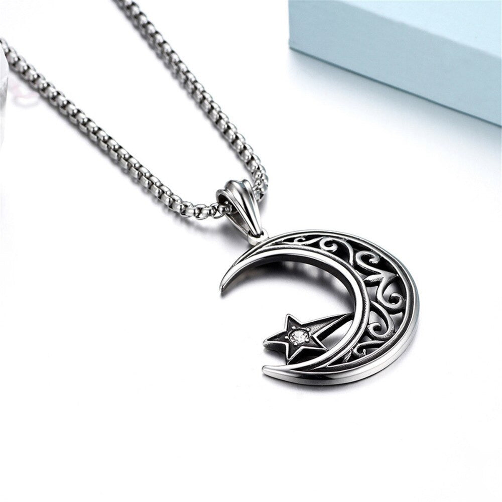 Crescent Moon Star Diamond Cz Bling No Fade Stainless Steel Pendant Chain Necklace