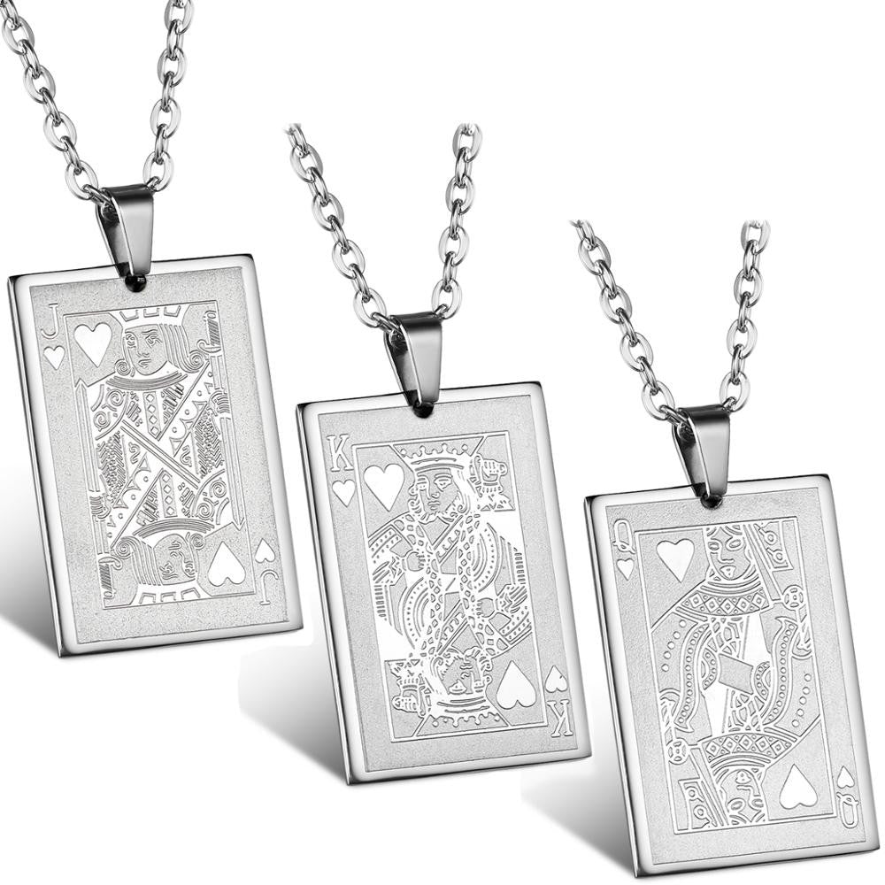The Gambler Stainless Steel Poker Playing Cards Ace King Queen Jack Bling Pendants