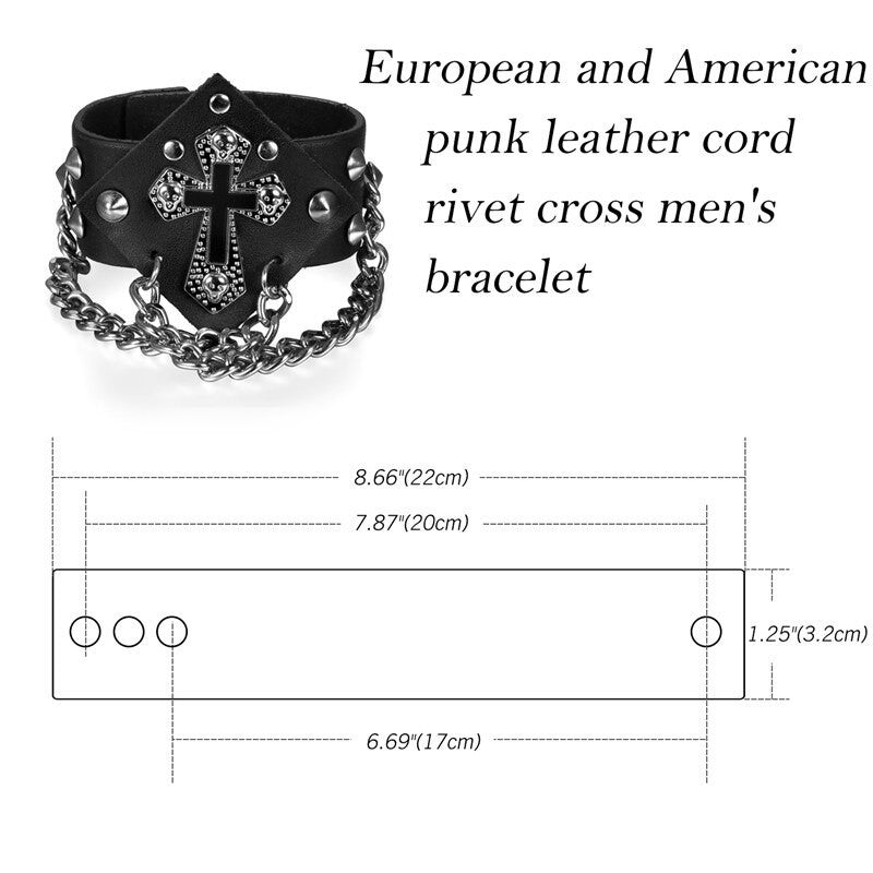 Black Leather Rivet Spikes Cross Chain Link Bracelets