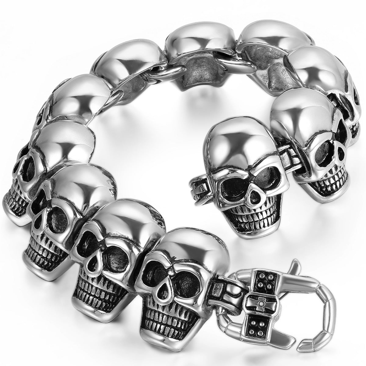Mens No Fade Stainless Steel Street Wear Skull Head Link Bracelets